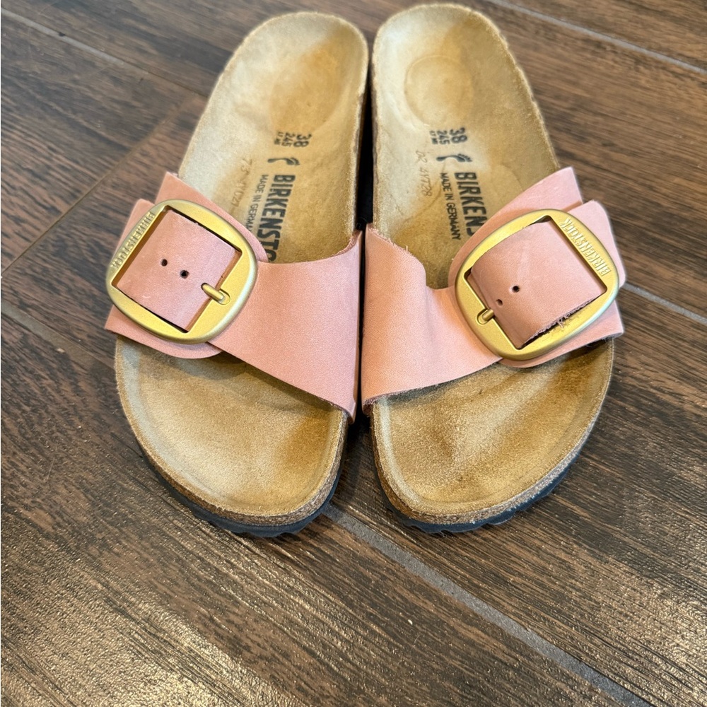 Birkenstock Single-Band Pink Sandals with Gold Buckles